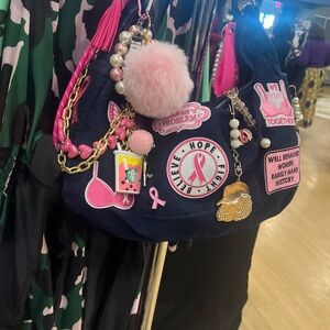 Junk Bag-Womens Denim Shoulder Bag with Pink Accents and Charms